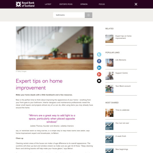 A screenshot of a Royal Bank of Scotland webpage with the headline "Expert tips on home improvement." It includes a photo of a person painting a wall, several related links, and popular blog posts. The main content gives advice on enhancing home appearance with expert tips.