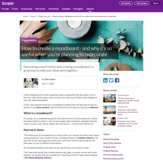 Screenshot of a Zoopla website article titled "How to create a moodboard - and why it’s so useful when you’re planning to redecorate" by Kate Hilpern. The article includes an overhead image of a moodboard, with a sidebar featuring related links and recent articles.