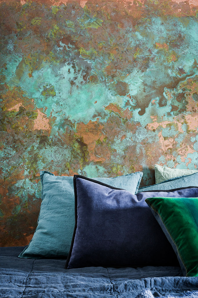 hand painted feature wall, green oxide and metallic copper abstract