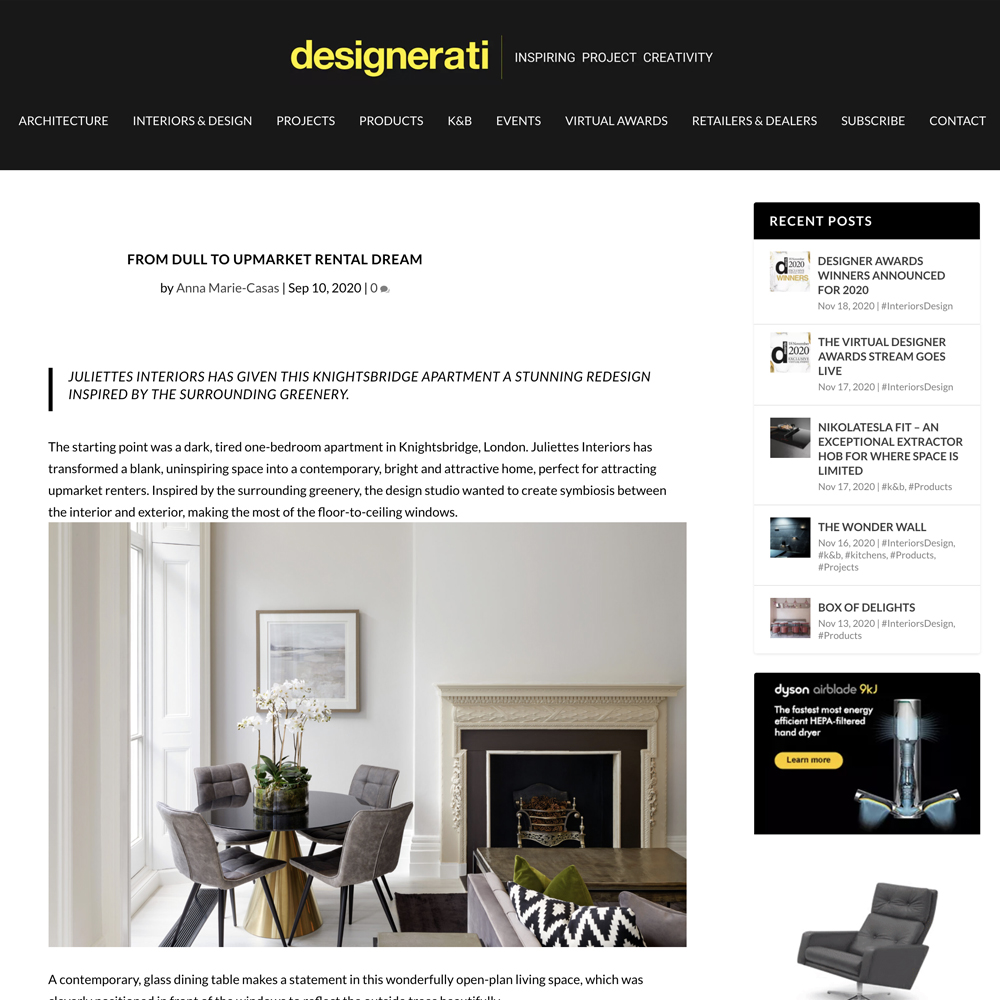 Designerati magazine features Juliettes Interiors who have given a Knightsbridge apartment a redesign