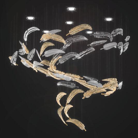 The Exclusive Floating Feather Chandelier suspends delicate gold and silver feather-inspired elements on thin wires from a dark ceiling, creating an airy, floating look enhanced by overhead spotlights.