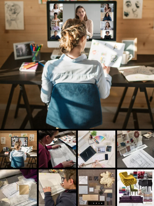 A person sits at a desk participating in a video call with several people displayed on a computer screen. Living through lockdown, the workstation is filled with various design materials. Below, a series of images shows close-ups of design sketches, materials, color swatches, and furniture models.