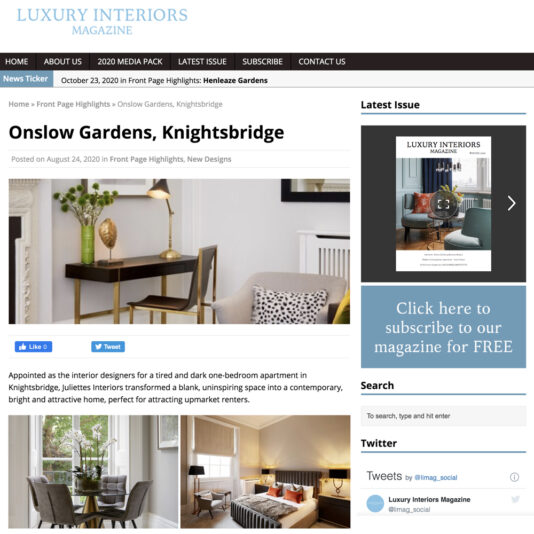 A webpage from Luxury Interiors Magazine featuring an article titled "Onslow Gardens, Knightsbridge." The page shows a living room image with furniture, a sidebar with a book advertisement, and various navigation and social media elements.