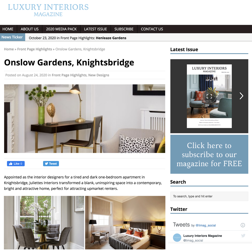 A webpage from Luxury Interiors Magazine featuring an article titled 