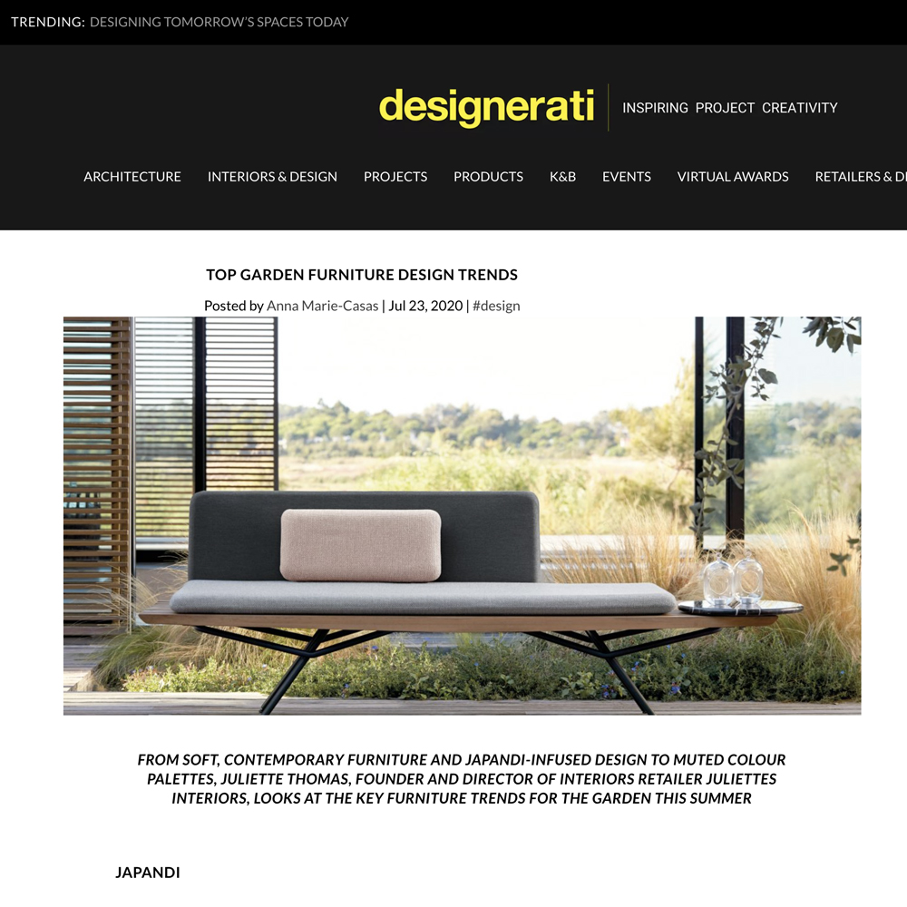 Juliettes Interiors is featured in designerati in a piece about garden furniture trends