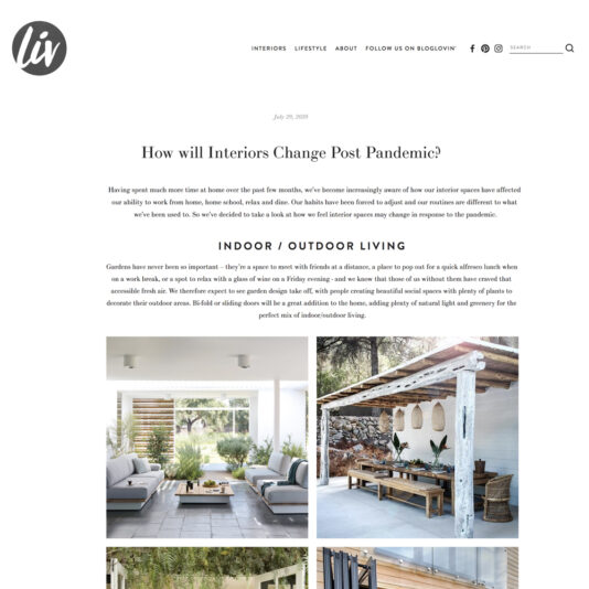 A webpage from Liv magazine featuring an article titled "How will Interiors Change Post Pandemic?" dated July 29, 2020. The page includes text and several images highlighting indoor and outdoor living spaces, such as a patio setup. The Liv logo is at the top left.