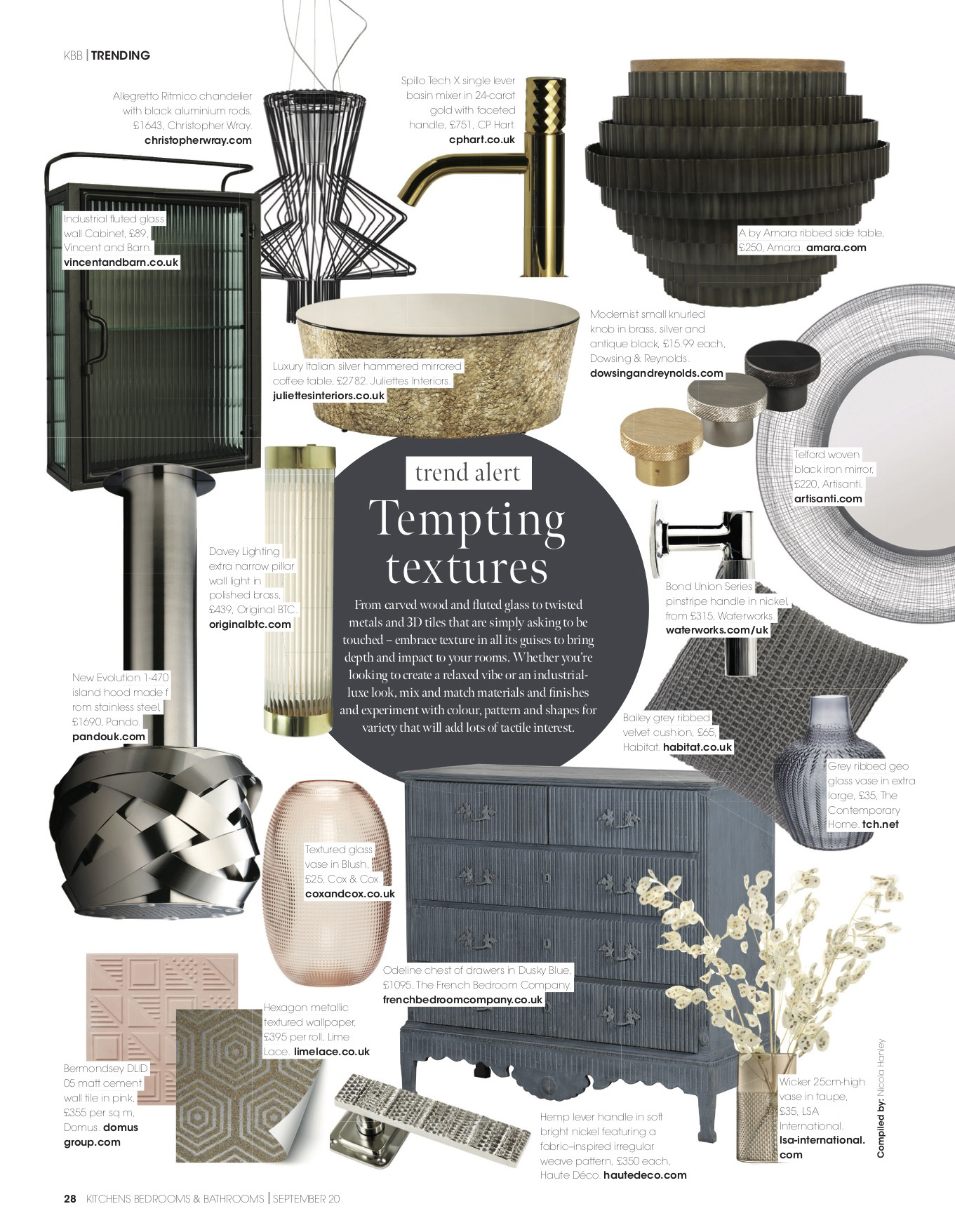 A collage showcases various home decor items, including textured planters, vases, lamps, cabinets, and wall tiles in materials like metal, rattan, and ceramics. Each item has a label with a corresponding retailer or designer name, emphasizing the 