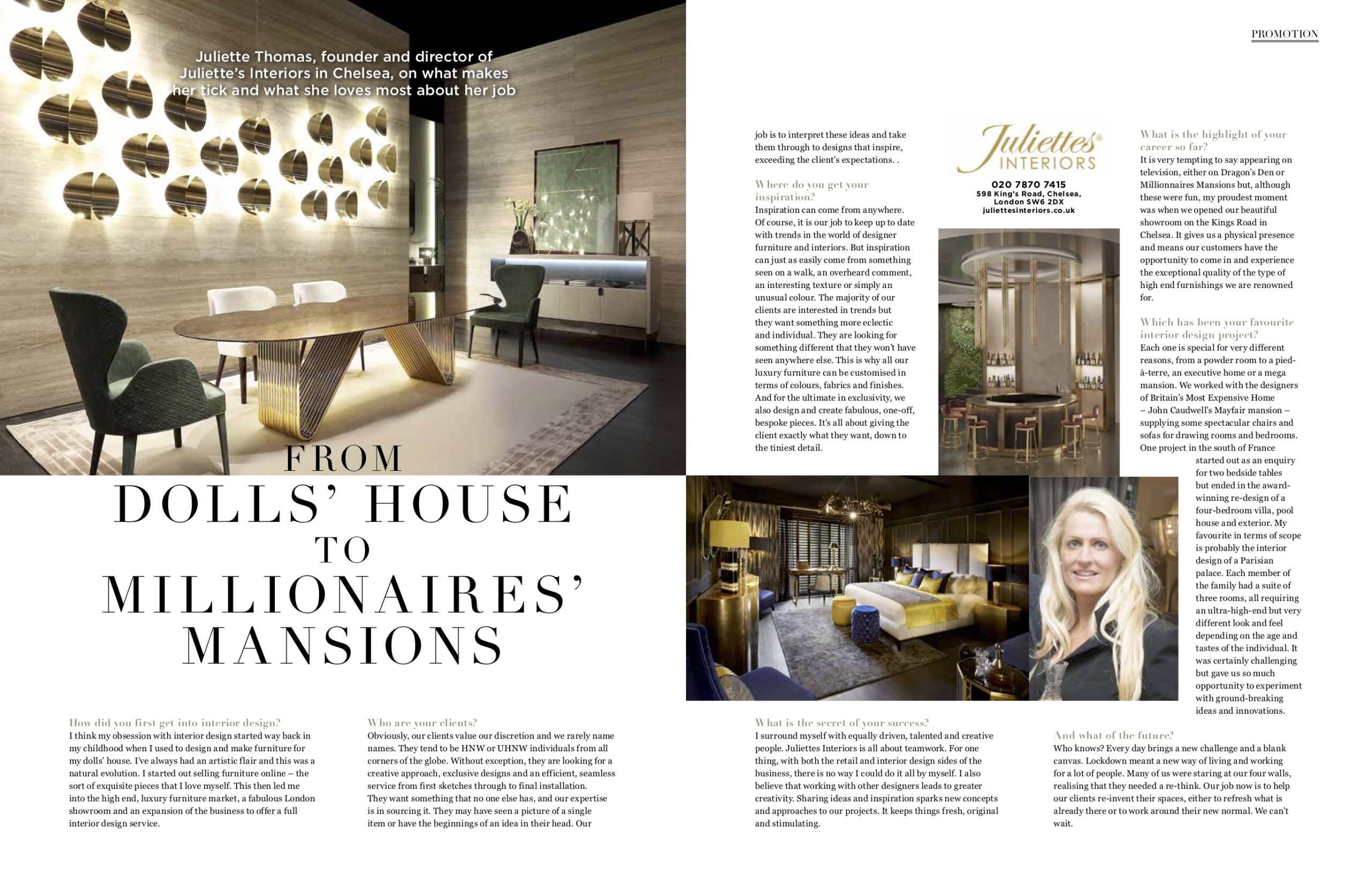 An interior design magazine spread features an article on Juliette's Interiors, showcasing luxury room designs. One page includes text about founder Juliette Thomas, with her portrait, and contact details. The other page highlights opulent interiors with gold accents and stylish furniture.