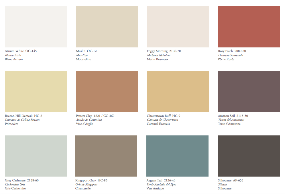 An image displaying a collection of 12 paint color swatches, including the colour of the year, arranged in a grid. Each swatch has a label with its name and respective code. The colors range from light neutrals to vibrant hues, including white, beige, yellow, red, brown, gray, and blue.