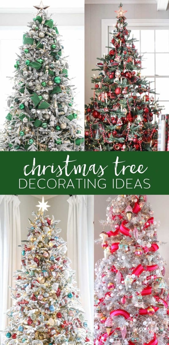 A collage of four Christmas trees, each uniquely decorated, showcasing inspiring Christmas decor ideas. The top left tree has green and silver ornaments; the top right features red and green decorations. The bottom left is adorned with gold and silver ornaments, while the bottom right boasts red and silver decorations. "Christmas tree decorating ideas" is written in white text on a green background in the center.