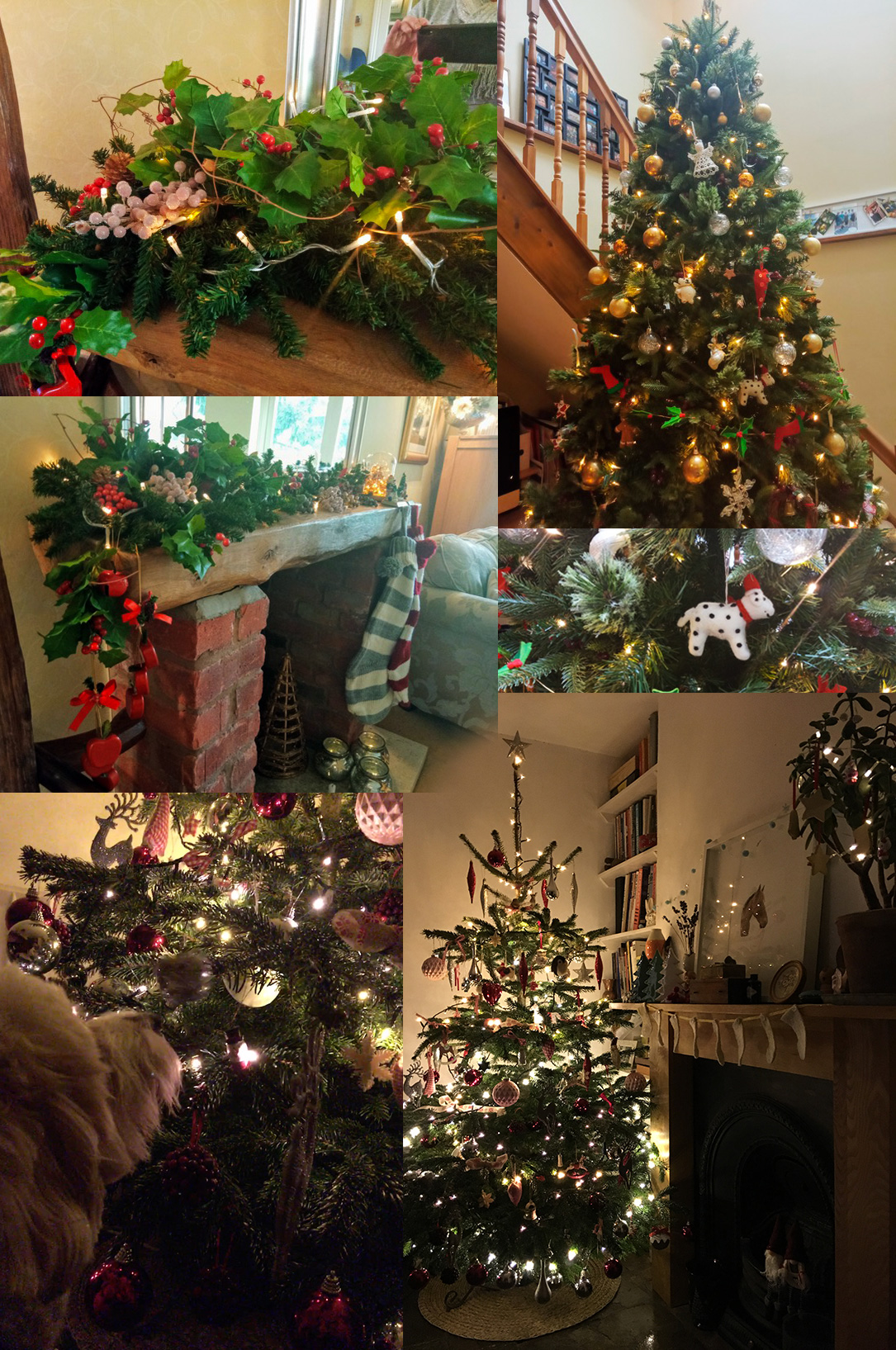 A collage of various Christmas decor including a staircase warmly lit by a decorated Christmas tree, a fireplace adorned with green garland and red bows, close-ups of tree ornaments, and different angles of beautifully decorated Christmas trees.