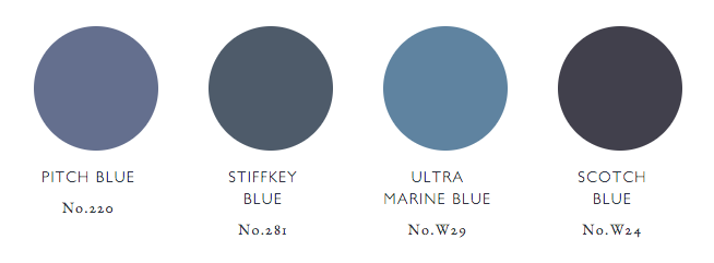 Four color swatches labeled "PITCH BLUE No. 220," "STIFFKEY BLUE No. 281," "ULTRA MARINE BLUE No. W29," and "SCOTCH BLUE No. W24." Each swatch is a different shade of blue, ranging from lighter to darker tones, perfect for incorporating the colour of the year into your design.