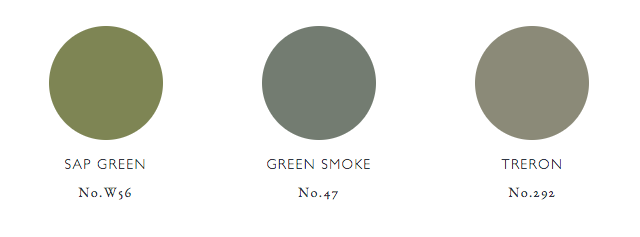 An image displaying three color swatches in circles. From left to right: "Sap Green" labeled as No. W56, a muted green; "Green Smoke" labeled as No. 47, a darker green; "Treron" labeled as No. 292, an earthy grey-green—the perfect palette to complement any colour of the year selection.