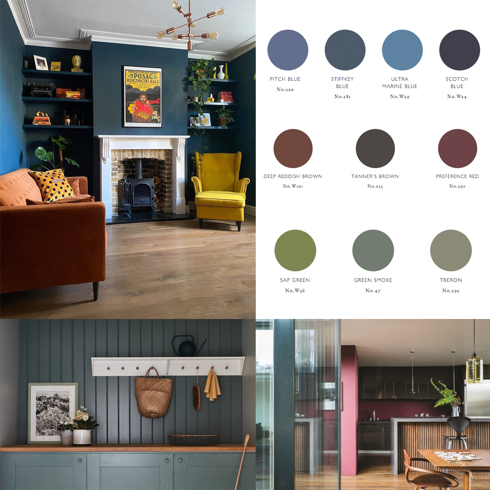 A collage of images showcasing room designs and paint color swatches, highlighting the colour of the year. Rooms include a living area with dark teal walls, an orange sofa, and a yellow armchair; a kitchen with green paneling; and a modern kitchen with maroon accents. Swatches feature various shades of blue, brown, red, and green.