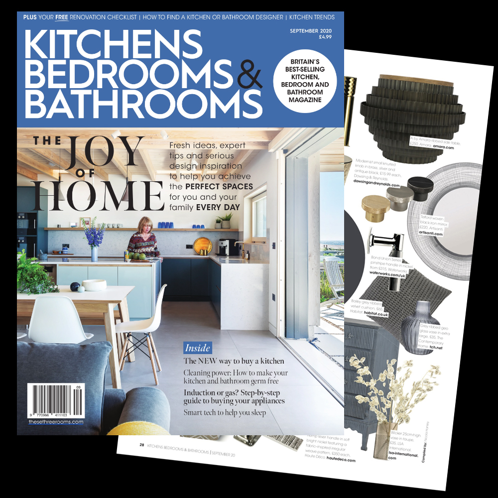 A magazine cover and an open page from "Kitchens Bedrooms & Bathrooms" September 2022 issue. The cover, showcasing a modern kitchen, promotes articles on design inspiration, renovation tips, and home decor. In the press spotlight, the open page highlights various stylish home decor items.