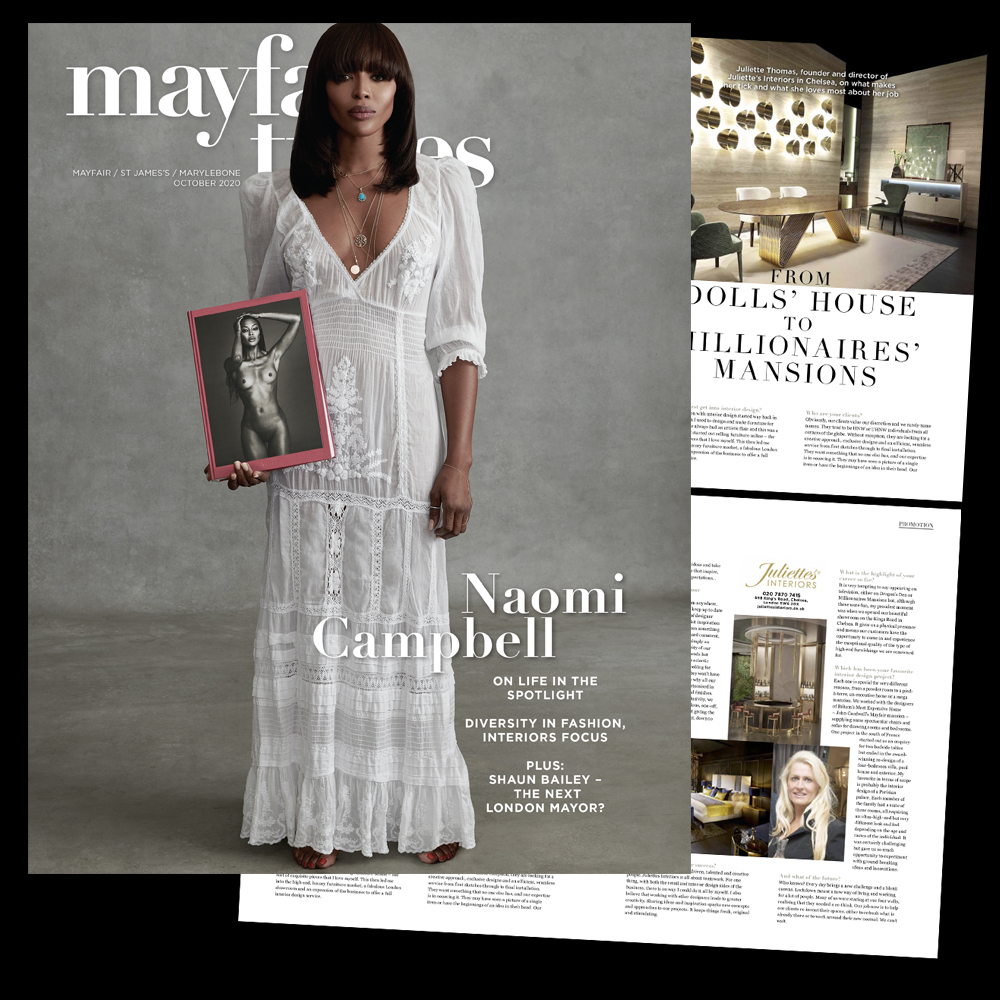 A magazine cover featuring Naomi Campbell in a white dress, holding a framed black-and-white photo. The magazine is titled "Mayfair Times." The opened pages inside include articles about diverse topics like fashion, interiors, and profiles, with various images and text that keep readers in the press loop.