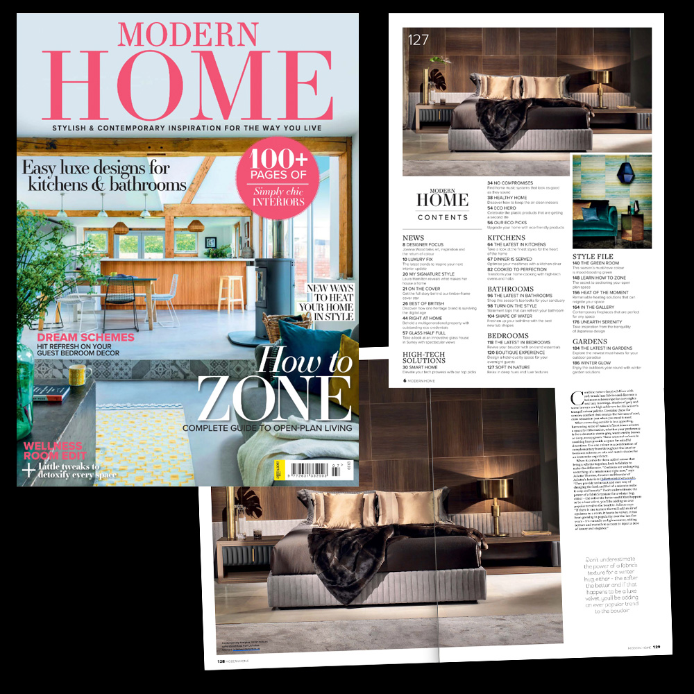 A modern home décor magazine cover and an open page layout. The cover features "Modern Home" in bold with interior design elements, signifying its popularity in the press. The contents offer guides on luxury kitchen and bathroom designs, zoning living spaces, and other home improvement articles.