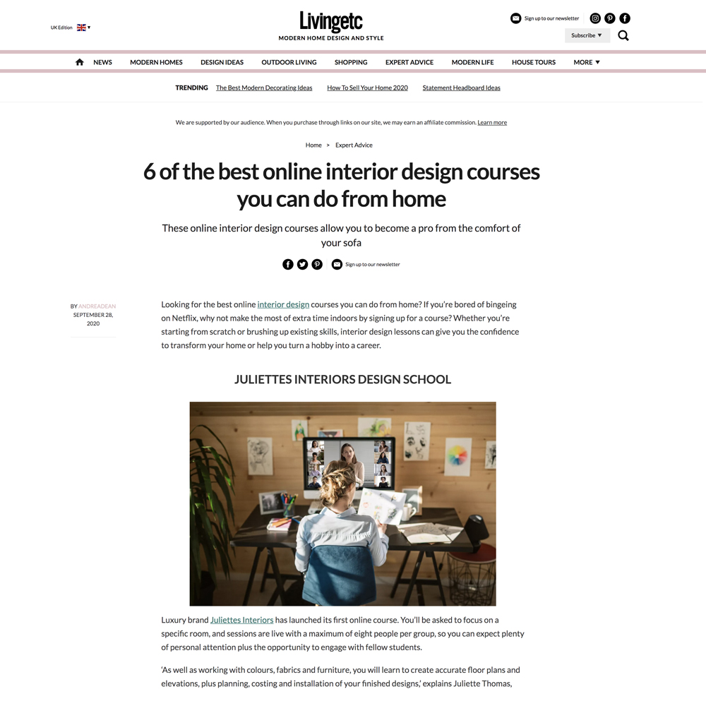 A person sits at a desk in front of a computer, intently studying interior design. The webpage "Livingetc" is in the press featuring an article titled "6 of the best online interior design courses you can do from home." A section highlights Julien's Interiors Design School.