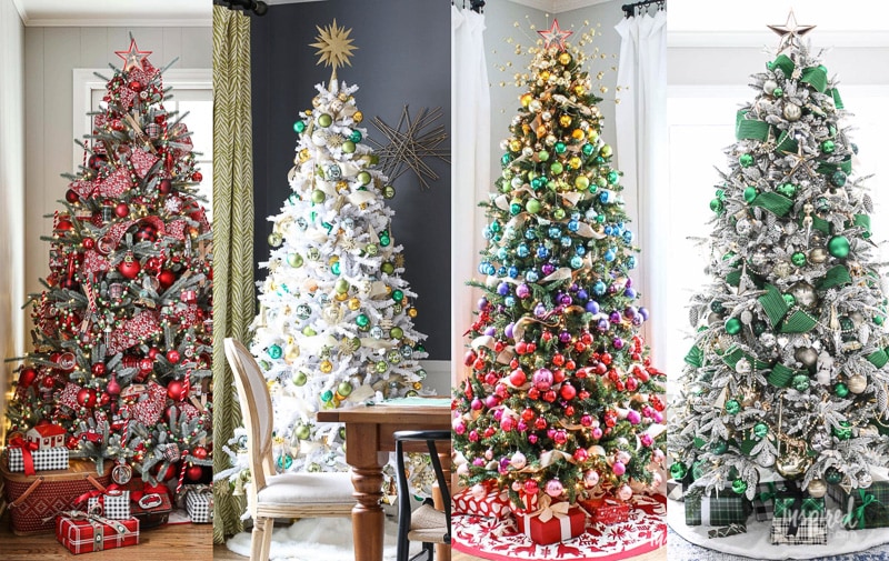 Four decorated Christmas trees are shown side by side, each with a unique theme: the first tree features red and white ornaments, the second is adorned with white and gold decorations, the third displays colorful baubles, and the fourth has green and silver Christmas decor.