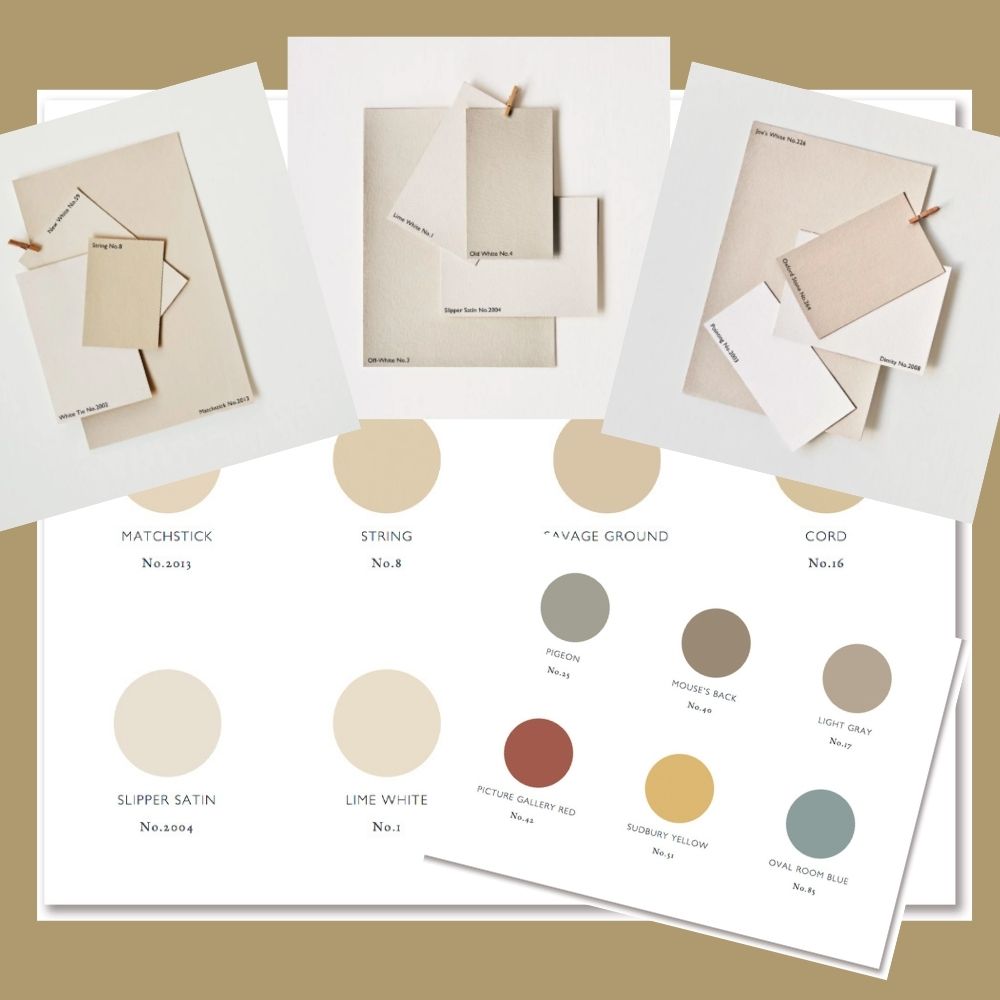 Image showing a warm neutral color palette from a design or paint sample book. The top of the image features three pinned collage-style samples of beige and neutral-toned swatches. The bottom includes a grid of color labels with shades like Matchstick, String, and Lime White.