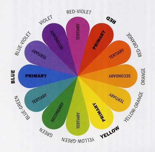 A color wheel with 12 segments, illustrating primary (red, yellow, blue), secondary (orange, green, violet), and tertiary colors—each labeled accordingly. Perfect for an interior design course, the wheel is arranged in a circular pattern, transitioning smoothly between each color.