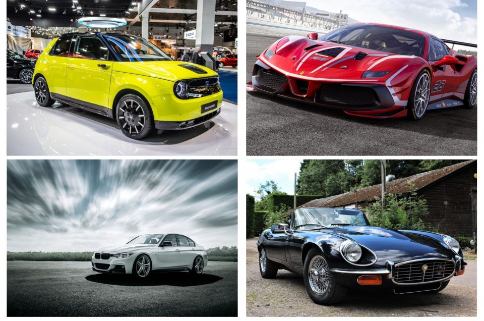 A collage of four distinct cars at luxury events. Top left: a yellow compact car in a showroom. Top right: a red sports car on a race track. Bottom left: a white luxury sedan against a blurred sky background. Bottom right: a vintage black convertible parked outdoors.