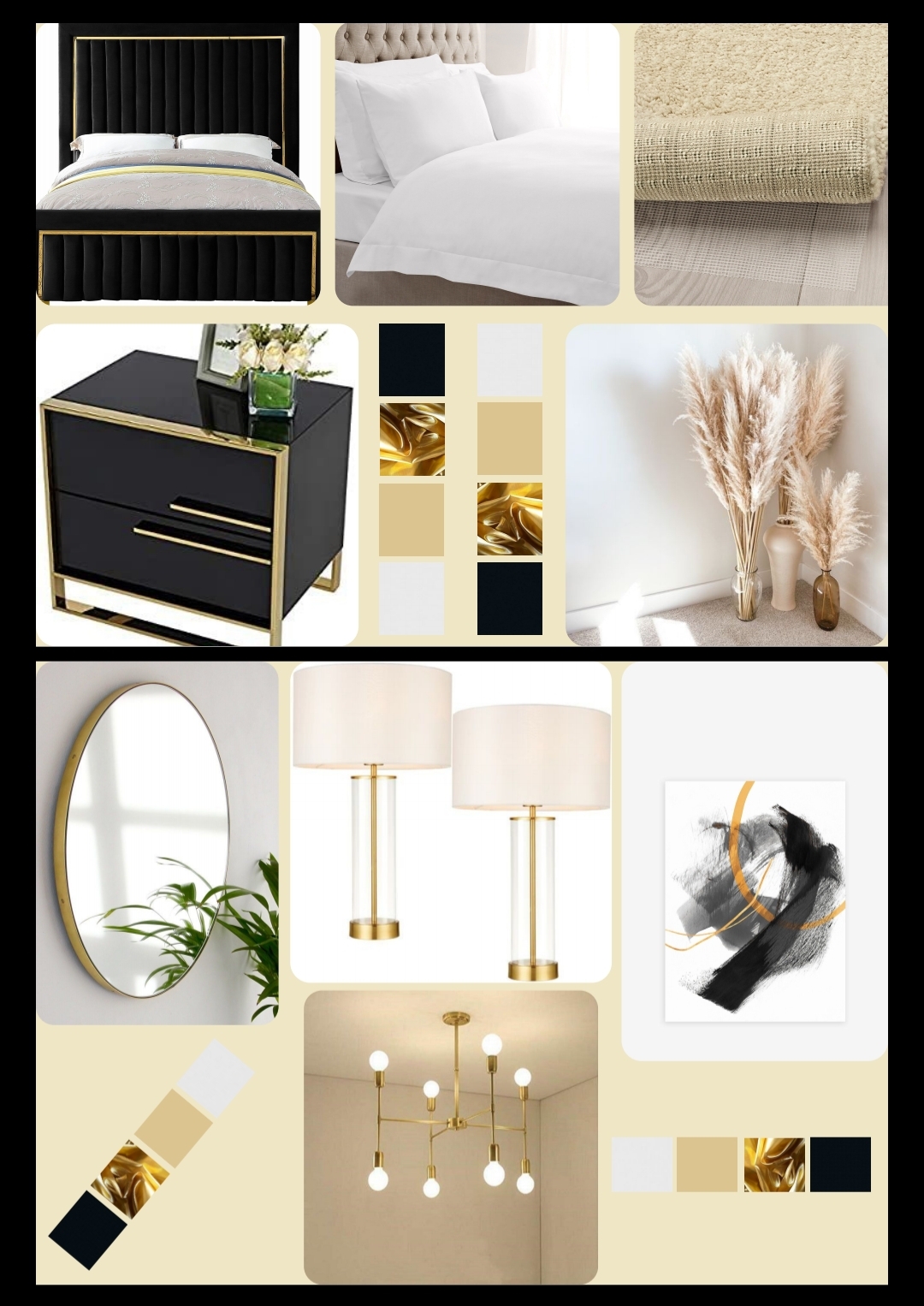 A collage showcasing bedroom decor: a modern bed, a fluffy rug, a black nightstand with gold accents, various white and beige pampas grass in vases, a gold-framed mirror, two sleek gold and white lamps, abstract wall art, and a gold chandelier with globe bulbs—all elements worthy of an interior design course.