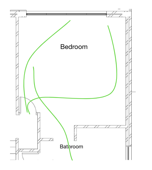 A floor plan showing a bedroom and an adjacent bathroom, perfect for an interior design course. The bedroom is marked with the word "Bedroom" and the bathroom is marked with the word "Bathroom." Two green lines indicate pathways through the rooms.