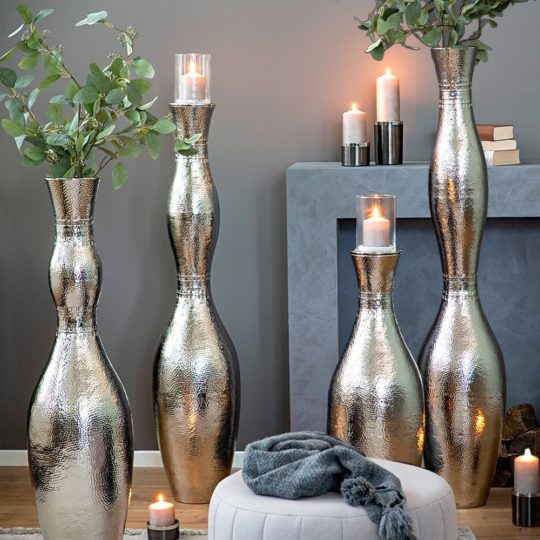 Tall Nickel Plated Vase Or Candle Stand Set