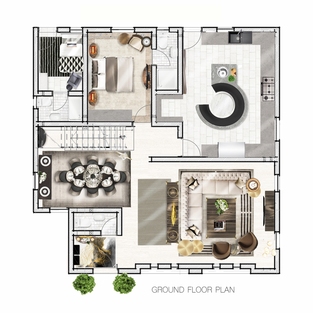 A detailed floor plan of a ground floor, crafted through virtual interior design. The layout includes a bedroom, bathroom, kitchen, dining area, living room, and an entrance. The living room has a sectional sofa and a coffee table. The dining area features a round table with eight chairs. Two small trees are outside.