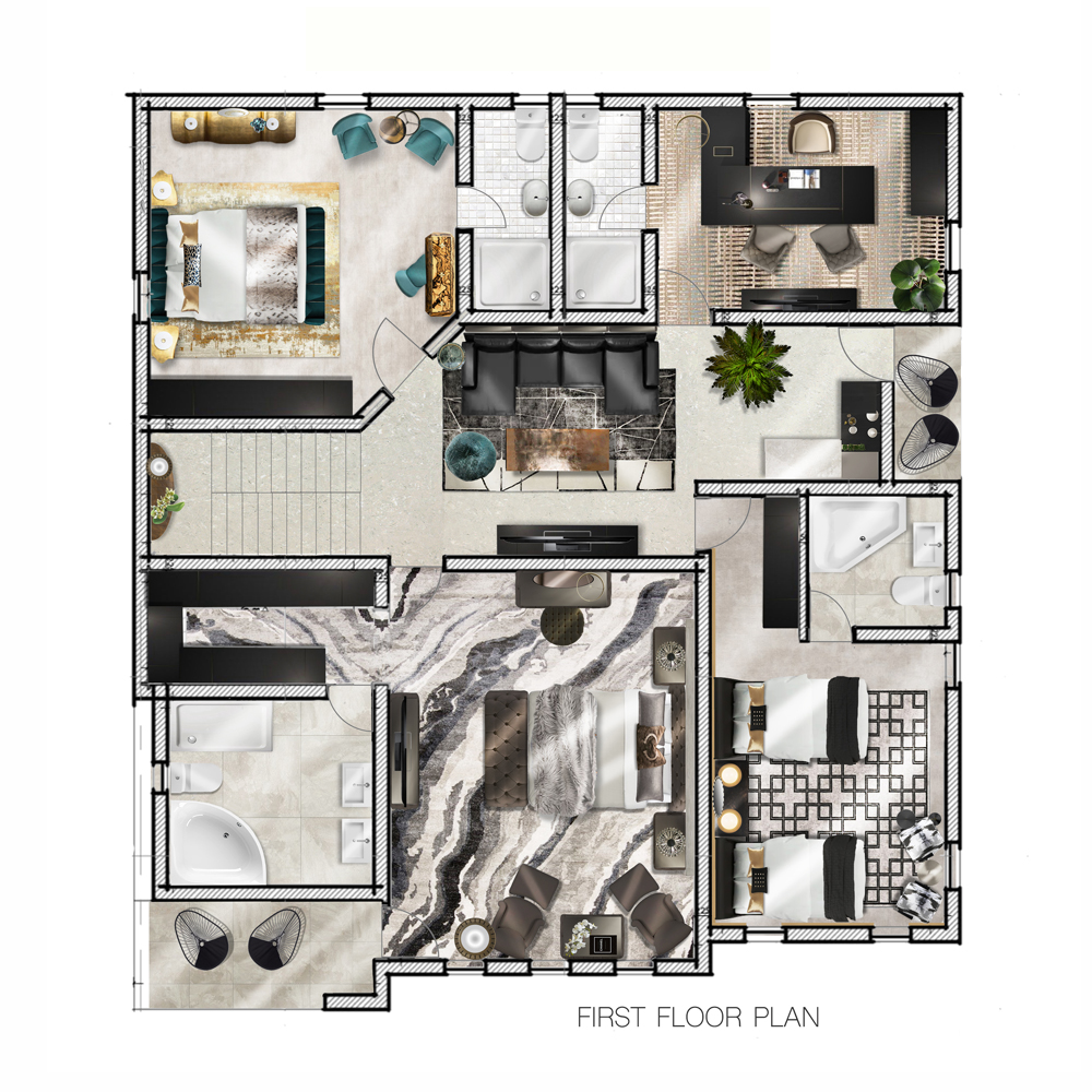 A detailed floor plan of a modern apartment, labeled "First Floor Plan," is brought to life through virtual interior design. It includes two bedrooms, two bathrooms, a living room, a dining area, a kitchen, and a balcony. The layout features contemporary furniture, decorative plants, and a combination of tile and carpet flooring.