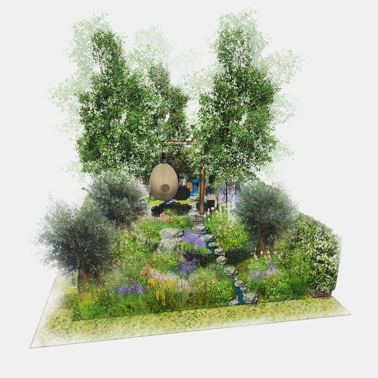 A lush garden design featuring a meandering stone path, various flowering plants, bushes, and trees. Embracing the latest garden trend, a large orb-like structure hangs from a tree, adding an artistic element. The garden is densely populated with greenery and colorful flowers, creating a serene atmosphere.