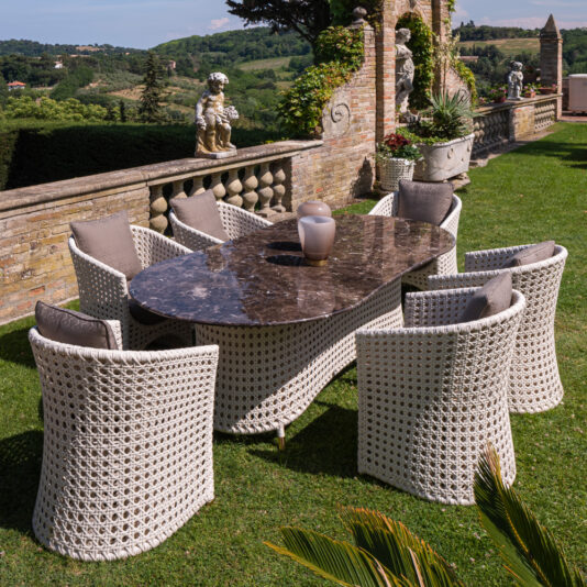 Rattan Style Outdoor Oval Marble Dining Set