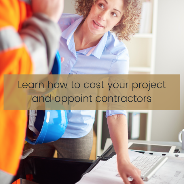 A person in a blue shirt points to a document on a desk, guiding another individual who is wearing an orange safety jacket and holding a blue hard hat. The text overlay reads, "Learn how to cost your project and appoint contractors." Enhance your skills with our online interior design course.