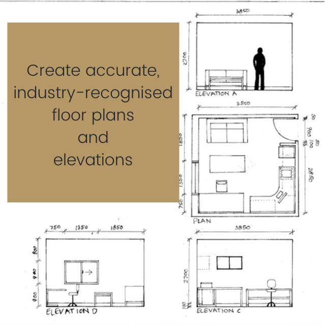 A graphic showing detailed floor plans and elevations for a room design, featuring measurements and furniture placements. Adjacent to the plans, a text box reads, "Create accurate, industry-recognised floor plans and elevations with our online interior design course.