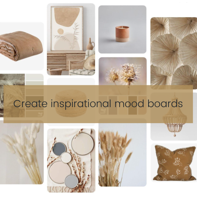 A collage of items including a brown blanket, botanical artwork, a small planter, textured wall decor, various pillows, dried flowers, neutral ceramics, and a chandelier. Text in the center reads, "Create inspirational mood boards with our online interior design course." The colors are earthy and neutral.