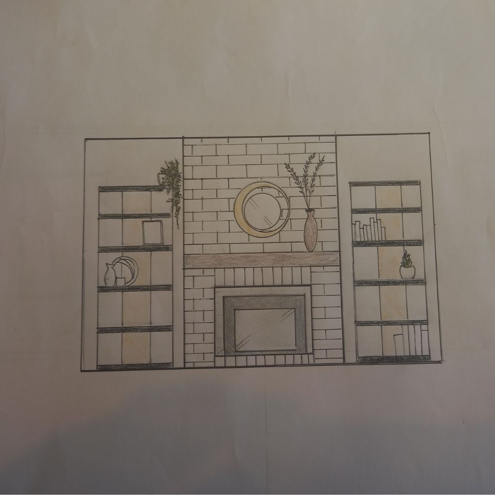 A hand-drawn sketch of a living room wall, as if inspired by an interior design course, featuring a central fireplace with a mirror and vase on the mantel. Built-in shelves on either side hold various plants, books, and decorative items.