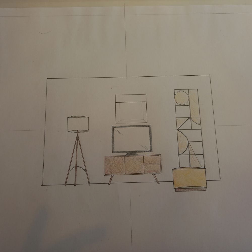 A minimalist sketch of a living room layout. The drawing features a floor lamp on the left, a low television console with a flat-screen TV in the center, a window above the TV, and a tall shelving unit with various shapes and an armchair on the right—a perfect study for any interior design course.