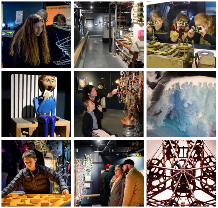 A collage of nine images depicting different scenes from a museum. Visitors on a staycation engage with various exhibits including a maze, intricate mechanical objects, art displays, and interactive setups. A teacher guides a child, and a family examines models.