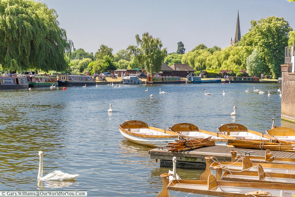 A serene riverside scene perfect for a staycation, with swans gliding on the water and wooden rowing boats docked at the shore. Lush green trees and houseboats line the riverbank, while a tall church spire stands majestically in the background under a clear blue sky.