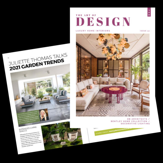 A magazine cover and inside spread are shown. The cover features a luxurious living room with a unique chandelier. The inside spread highlights an article titled "Juliette Thomas Talks 2021 Garden Trends" with images of sophisticated garden designs.