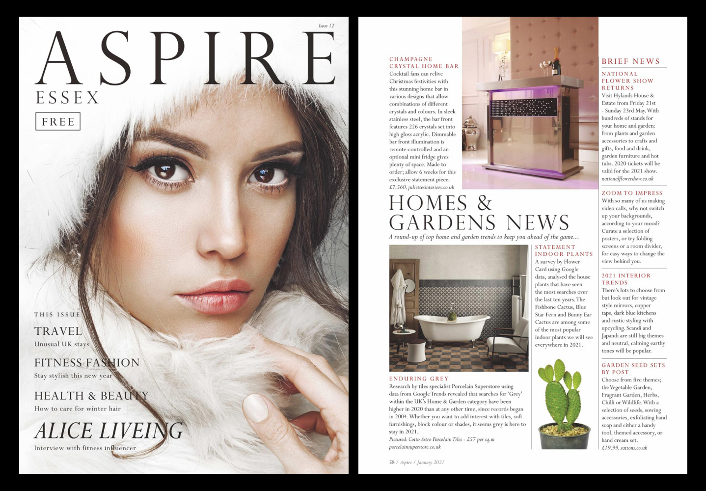 Cover and page from article in Aspire magazine featuring the Champagne Crystal Home Bar by Juliettes Interiors