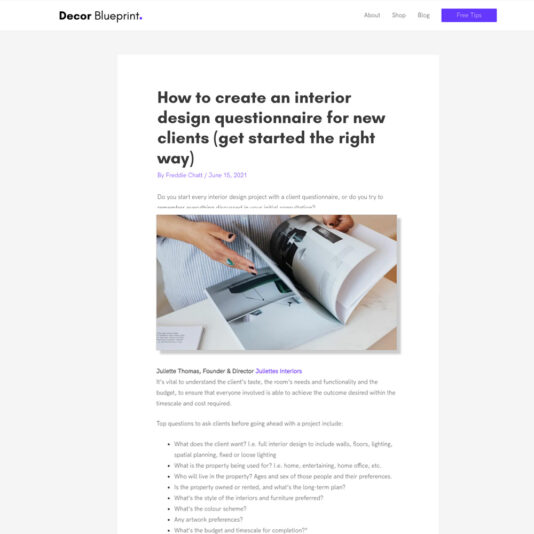 Screenshot of a Decor Blueprint article titled "How to create an interior design questionnaire for new clients (get started the right way)" by Freddie Chaus, dated June 16, 2021. The article includes a photo of a person looking at an interior design magazine.