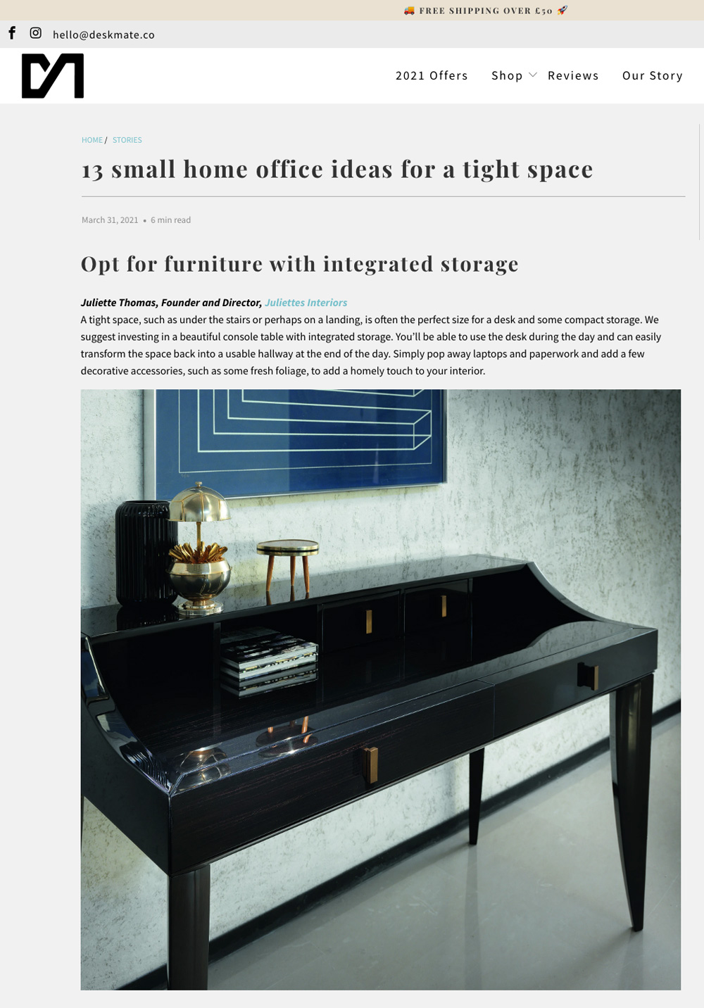 Italian Designer Ebony Veneer Writing Desk from Juliettes Interiors features in this article on small home office ideas in Deskmate