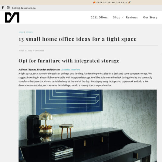 A designer desk from Juliettes Interiors features in this article on small home office ideas in Deskmate