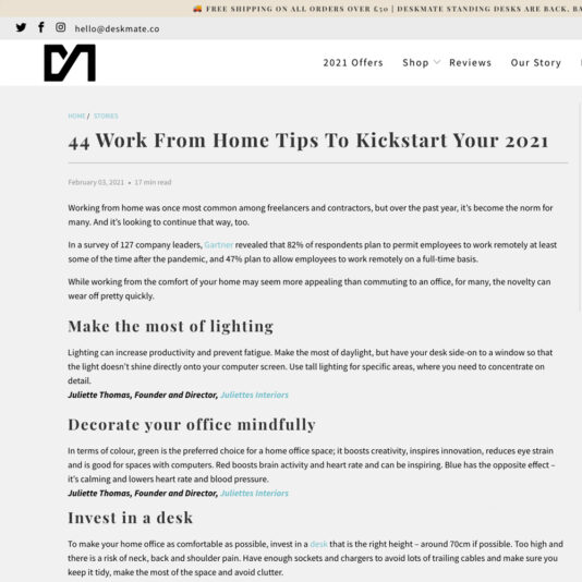 Juliettes Interiors give work from home tips in an article in Deskmate