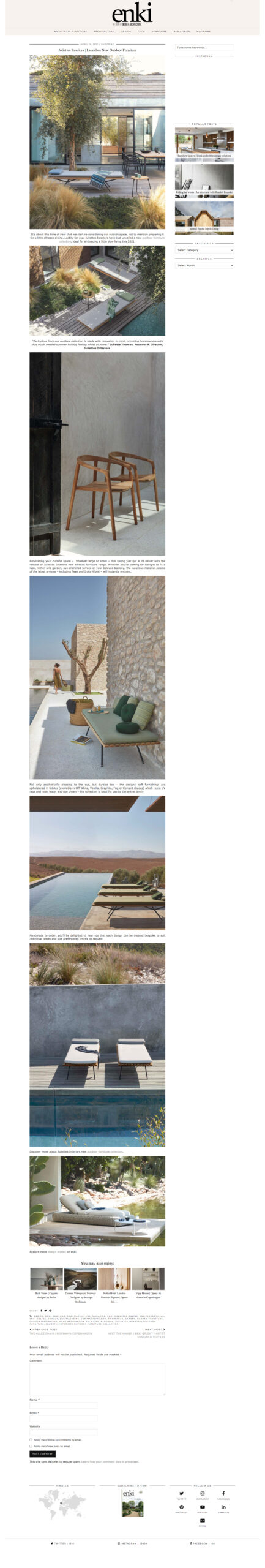 Juliettes Interiors outdoor furniture range 2021 features in this Enki article