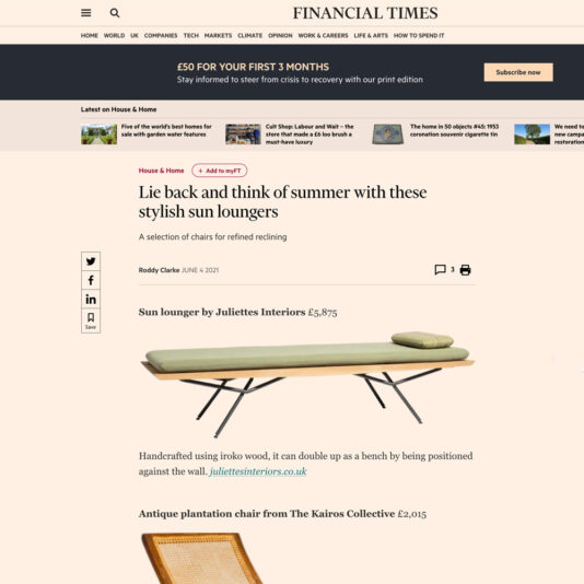 Screenshot of a Financial Times article titled "Lie back and think of summer with these stylish sun loungers." The article includes images and descriptions of different sun loungers, such as a mid-century sun lounger by Juliettes Interiors and an antique plantation chair by The Kairos Collective. Each lounger has a price and a brief description provided.