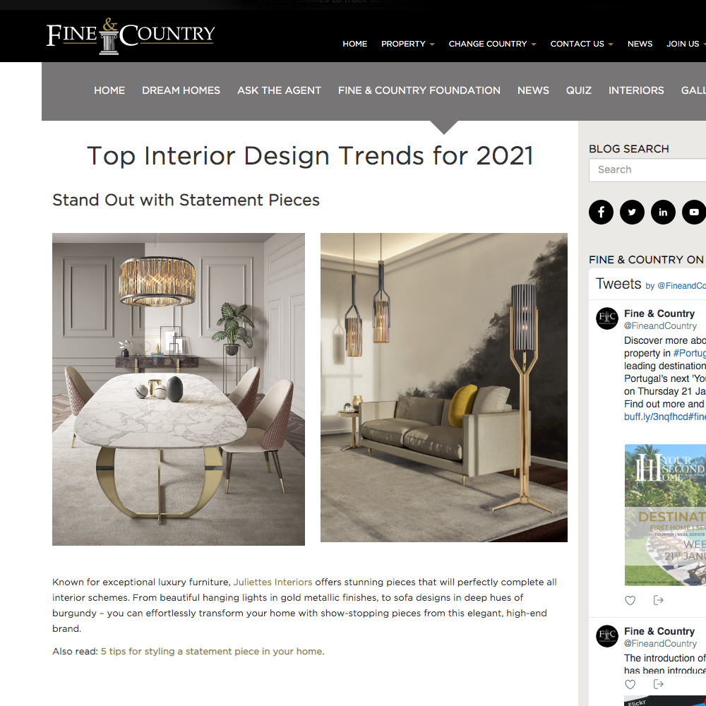 Article about Top interior design trends for 2021 in Fine & Country features furniture from Juliettes Interiors