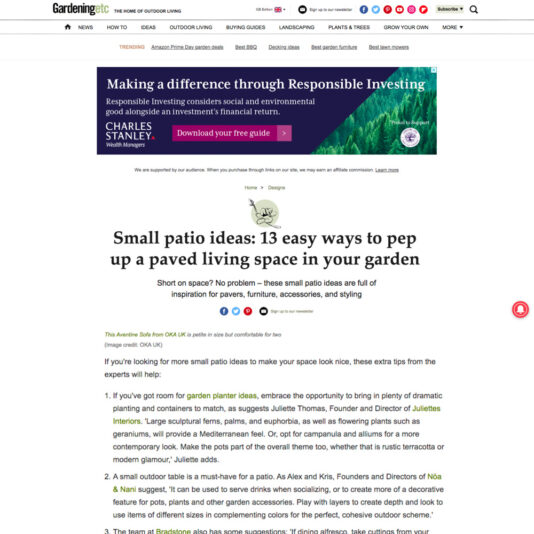 A webpage from a gardening site titled "Small patio ideas: 13 easy ways to pep up a paved living space in your garden." The page features a large ad banner at the top, followed by the article's title, an image of a small patio, and several paragraphs of text.